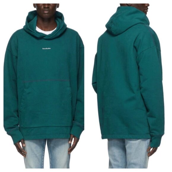 Acne Studios Logo Print Hooded Sweatshirt Oversized in Teal Blue Men's S - Picture 1 of 10